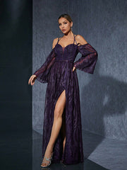 Embroidery Halter Bell Sleeve Slit Evening Dress