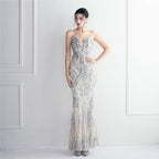 REVCHIC LUXE Elegant V-Neck Feather Sequin Maxi Gown