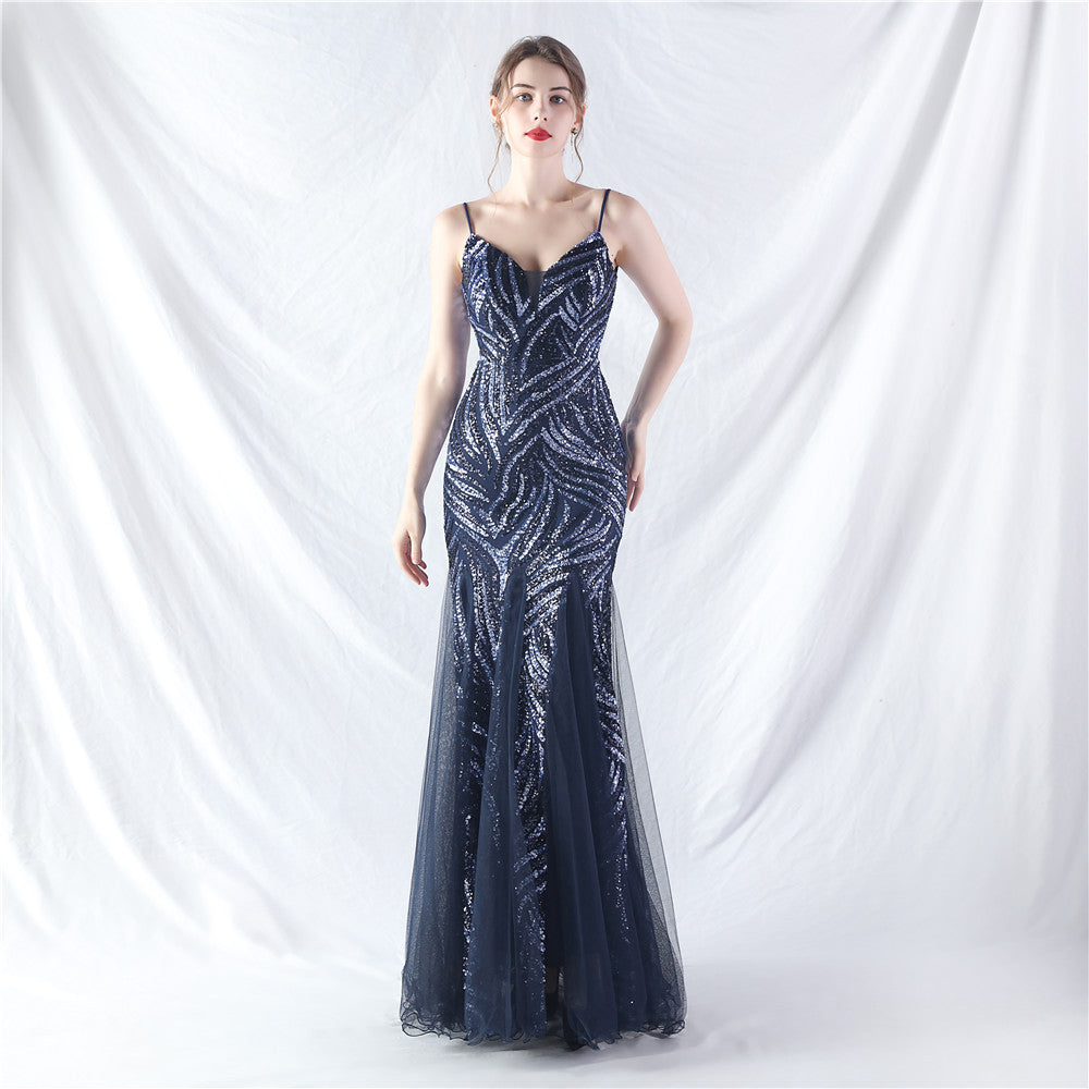 Elegant Sequin V-Neck Mesh Camisole Evening Dress