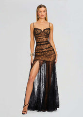 Black Pleated Floral Lace Spaghetti Straps Formal Dress