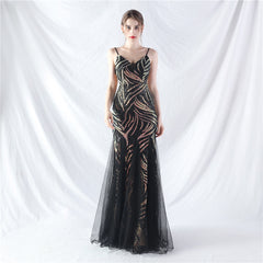 Elegant Sequin V-Neck Mesh Camisole Evening Dress