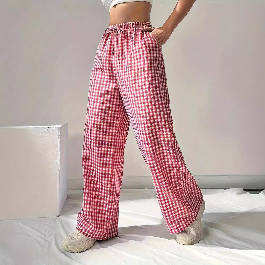 Women Loose Fitting Pink Plaid Drawstring Casual Wide Leg Pants