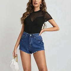 Elegant Black Short Sleeve Mesh Patchwork Bodysuit