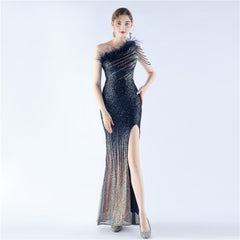 Elegant Gradient Sequin Beaded Feather Evening Dress