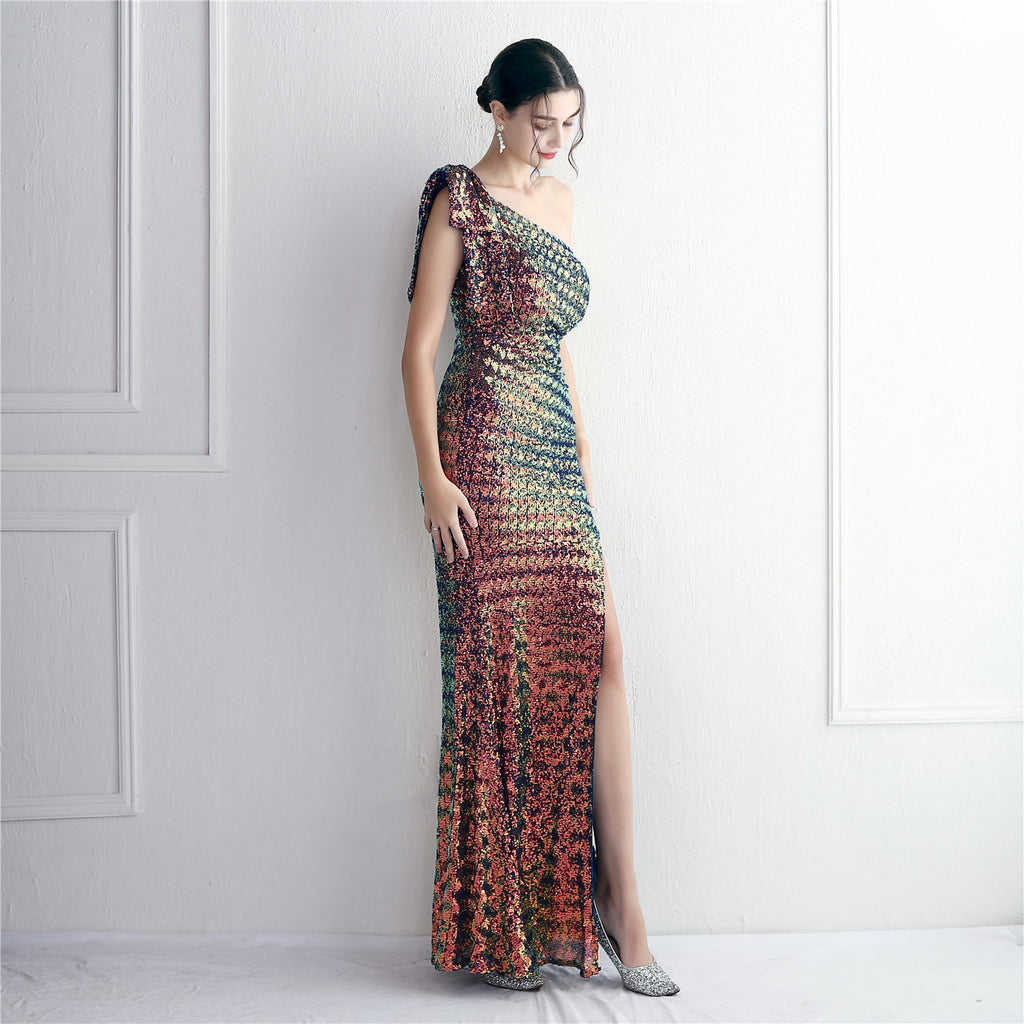 REVCHIC LUXE Elegant One-Shoulder Sequin Fishtail Gown