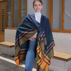 Color Striped Strap Jacquard Warm Tassel Shawl