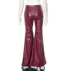 Women Faux Leather Stitching Tight Flared Pants