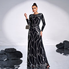 Long Sleeve Sequined Evening Dress