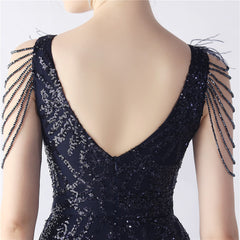 Elegant Feather Beaded Long Sequined Evening Dress