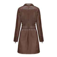 Long Sleeve Mid Length Leather British Coat with Belt