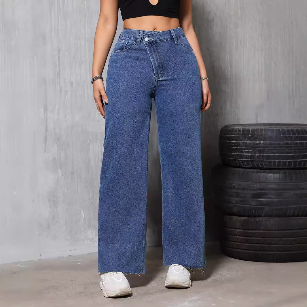 Retro Blue Worn Straight Loose Thin Denim Jeans