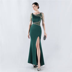 Elegant Embroidery Drilling Sheer Mesh Satin Evening Dress