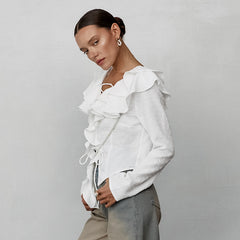 Ruffled White Crepe Casual Long Sleeve Blouse