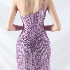 Elegant One Shoulder Beaded Floral Sequin Mesh Evening Dress