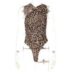 Leopard Print Asymmetric Pleated Mesh Bodysuit