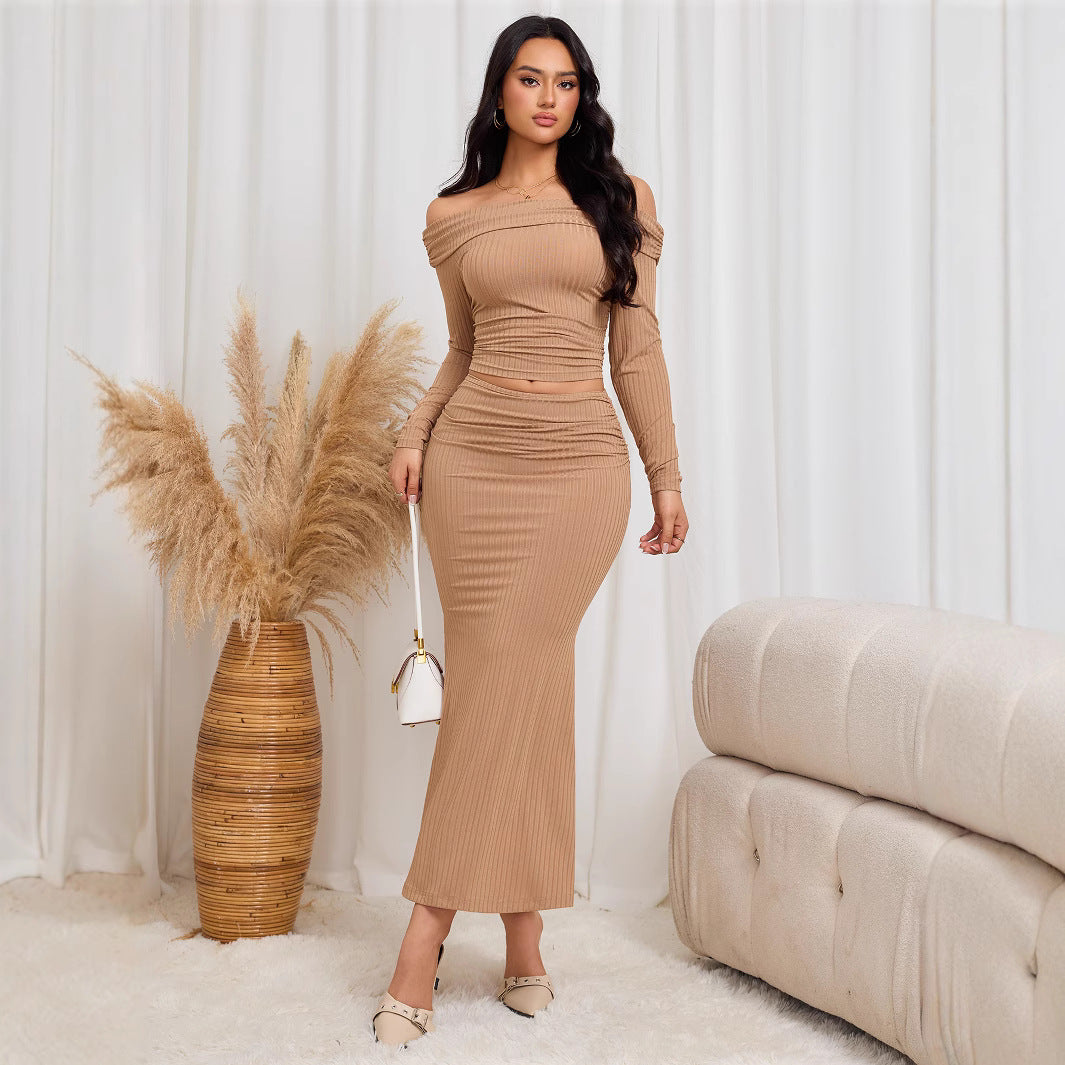 Women off Shoulder Top Sheath Midi Skirt Two Piece Set