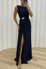 Women Pleated Split Sleeveless Evening Dress