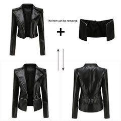 Women Detachable Hem Casual Faux Leather Jacket