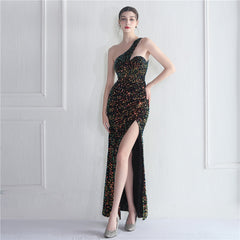 Elegant Velvet Bottom Sequin One Shoulder Evening Dress