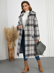 Winter Women Polo Collar Hooded Plaid Long Coat