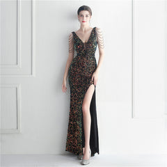 Elegant Velvet V-Neck Sequin Beaded Long Evening Dress
