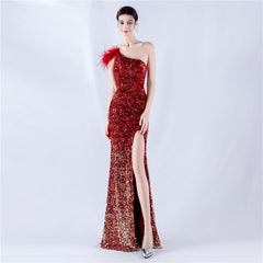 One Shoulder Gradient Velvet Bottom Sequin Feather Evening Dress