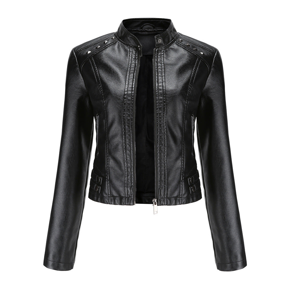 Women Rivets Leather Short Thin Stand Collar Jacket