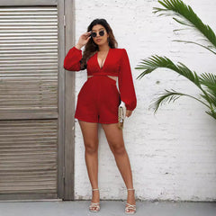 Long Sleeve V Neck Lace Up Cutout Shorts Suit