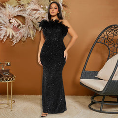 Black Paillette Feather Stitching Sequin Evening Dress