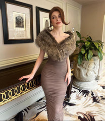 Elegant Furry off Shoulder Tube Top Shawl Formal Dress