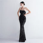 REVCHIC LUXE Elegant Halter Sequin Ruched Maxi Gown