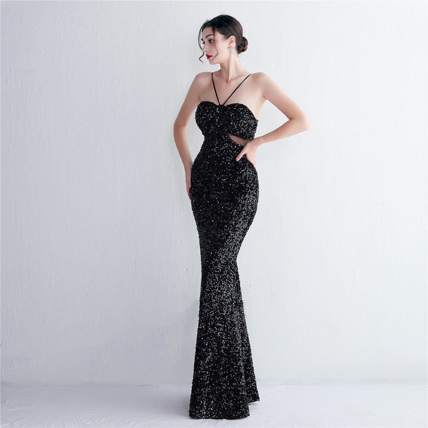 REVCHIC LUXE Elegant Halter Sequin Ruched Maxi Gown