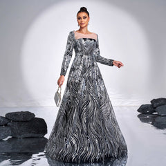 Long Sleeved Round Neck Sequined Evening Dress