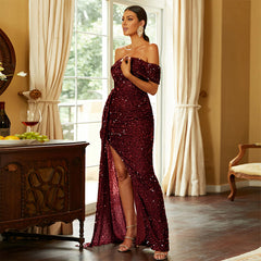 Off Shoulder Long Sequined Evening Dress