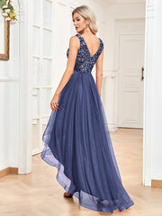 Women Chiffon Double V Neck A Line Sequin Evening Dress