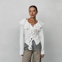 Ruffled White Crepe Casual Long Sleeve Blouse