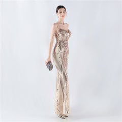 Elegant Boning Corset Floral Sequin Beaded Strap Evening Dress