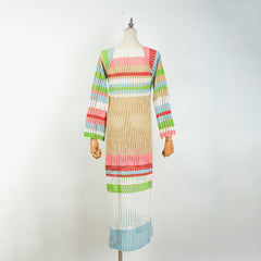 Women Colorful Contrast Color Long-Sleeved Knitted Dress