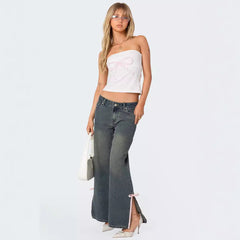 Loose Mid Waist Bow Side Slit Jeans