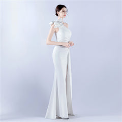 Elegant Leaf One Shoulder Craft Beaded Rhinestone Evening Dress