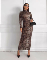 Long Sleeve Leopard Print Stand Collar Formal Dress