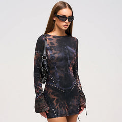 Women Printing Slim Fit Long Sleeve Short Party Dress