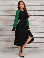 Retro Contrast Color Asymmetric Long Sleeves Dress