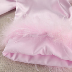 Autumn Pink Artificial Silk Feather Pajamas Two Piece Sets