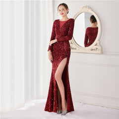 Elegant Long Sleeve Sequined Fishtail Evening Dress