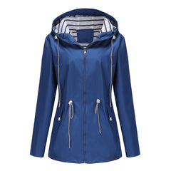 Women Hooded Striped Raincoat Mid Length Trench Coat