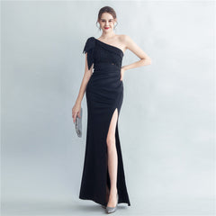 Lace Beaded One Shoulder Roman Collar Side Slit Evening Dress