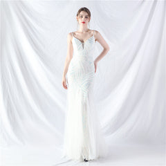 Elegant Sequin V-Neck Mesh Camisole Evening Dress