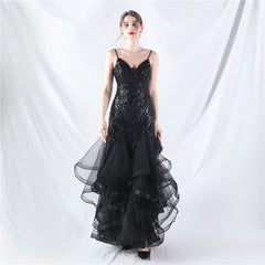 Elegant Mesh Floral Sequin V-Neck Evening Dress