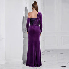 One Shoulder Long Sleeve Purple Sequined Slit Evening Dress